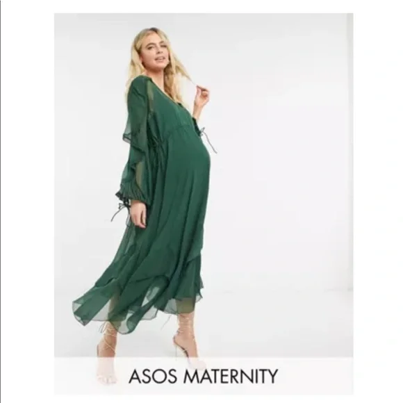 ASOS DESIGN Maternity drape ruffle midi dress with lace insert and tassel  detail